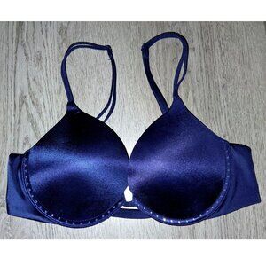 Victoria's Secret Very Sexy Push Up Bra Size 34B Dark Blue Rhinestone Bling